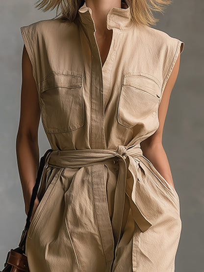 Elegant Urban-chic Khaki Stand-collar Maxi Dress