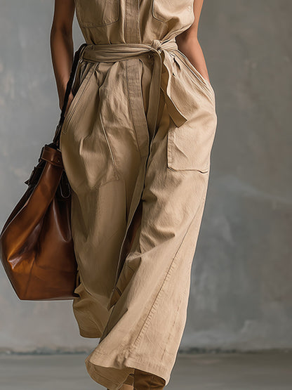 Elegant Urban-chic Khaki Stand-collar Maxi Dress