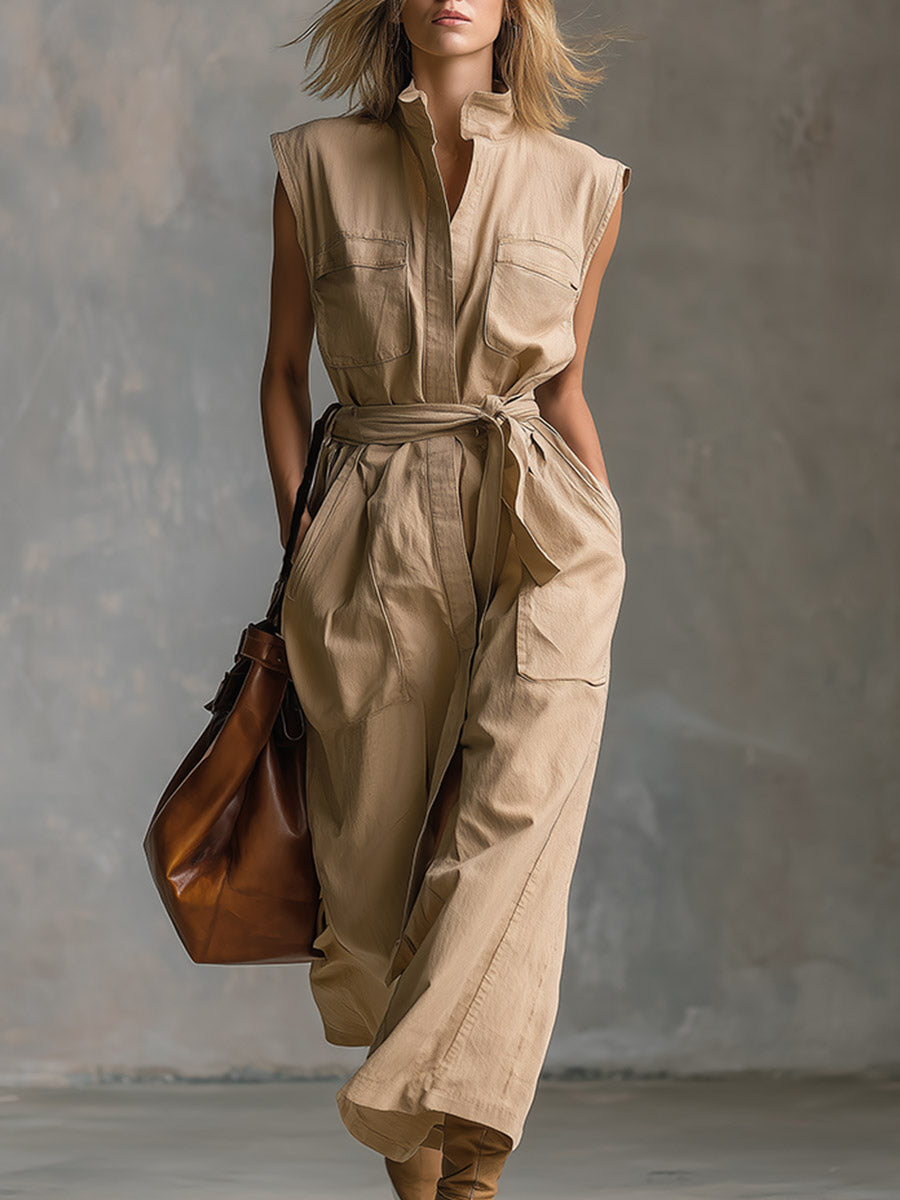 Elegant Urban-chic Khaki Stand-collar Maxi Dress