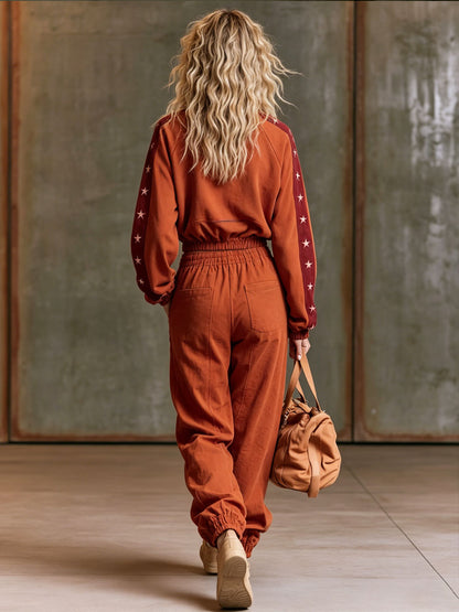 Casual Sporty Retro Five-Pointed Star Brick Red Pure Cotton Sweatshirt And Pants Set