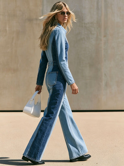 Casual Retro Color-blocked Denim Long-sleeved Zippered Flared Jumpsuit