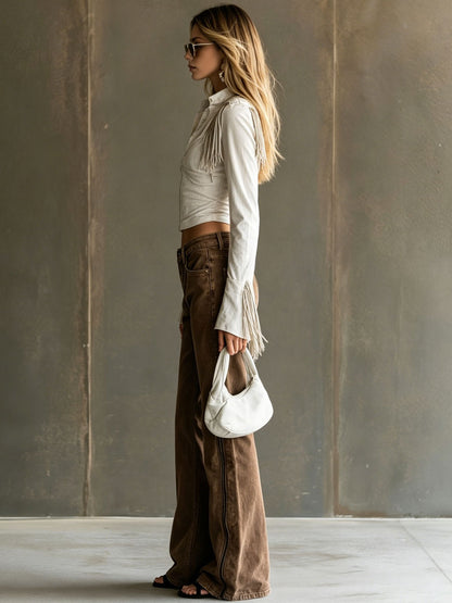 Casual Retro Zipper Chocolate-colored Flared Jeans