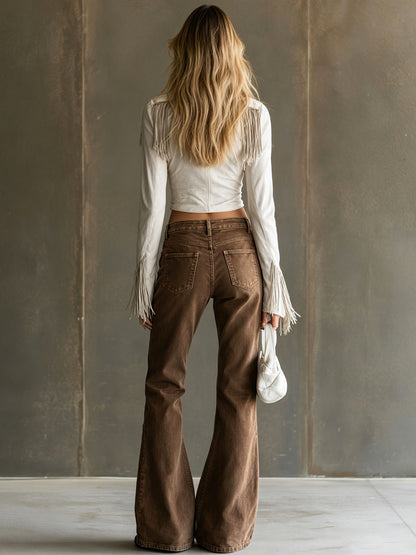 Western Retro Off-White Faux Suede Tassel Long-Sleeved Shirt