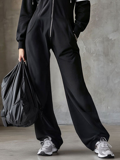 Casual Sporty Retro Striped Black Cotton Long-Sleeved Hooded Jumpsuit