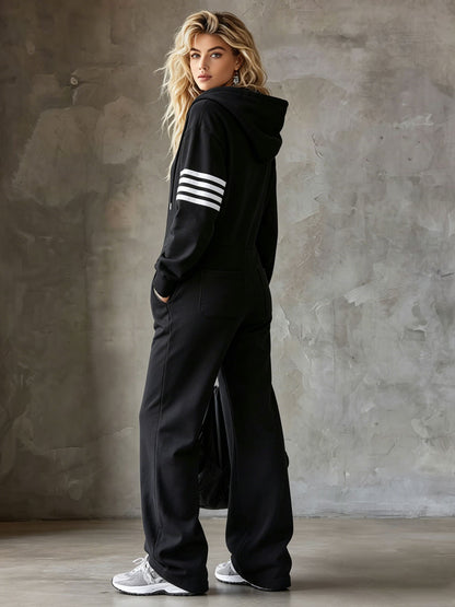 Casual Sporty Retro Striped Black Cotton Long-Sleeved Hooded Jumpsuit