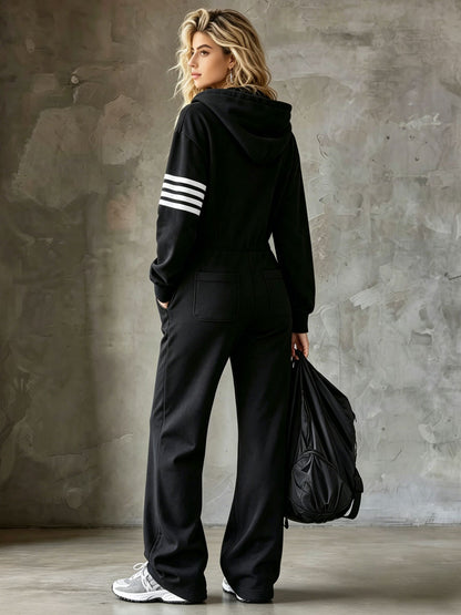 Casual Sporty Retro Striped Black Cotton Long-Sleeved Hooded Jumpsuit