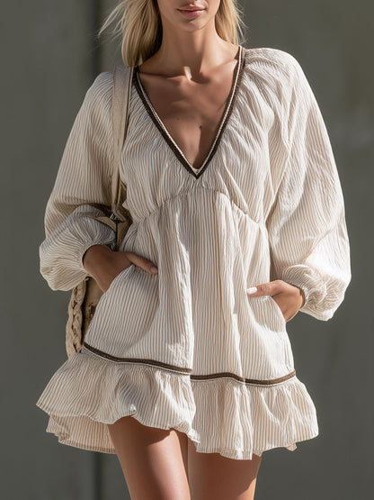 Casual Retro Color-blocked Trim White Striped Long-sleeved V-neck Ruffle Mini Dress