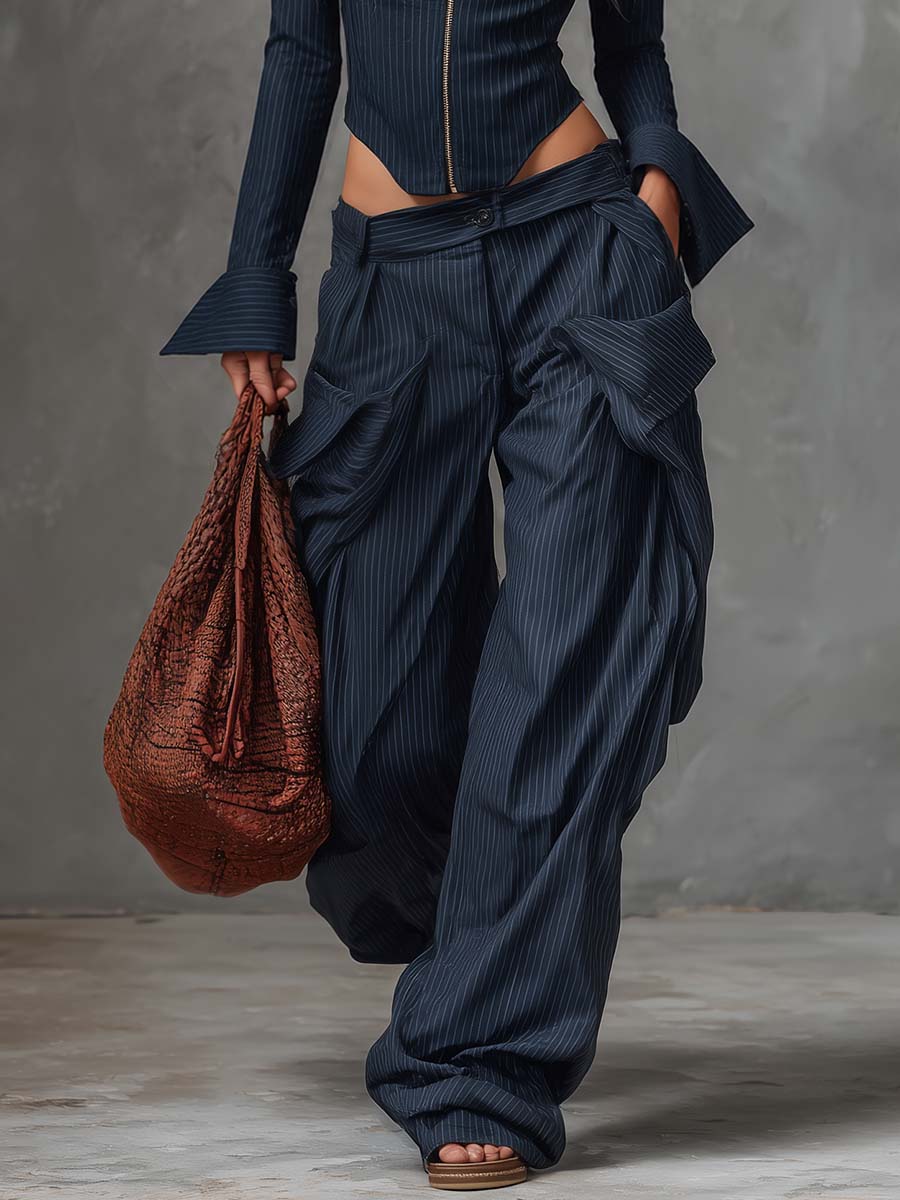 Personality Retro Casual Navy Blue Striped Square-Neck Long-sleeved Front Zipper Top And Pants Set