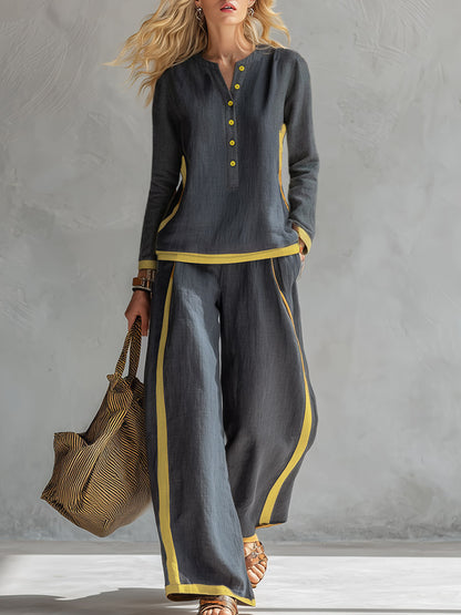 Elegant And Casual Two-tone Trim Gray Cotton And Linen Shirt And Pants Set