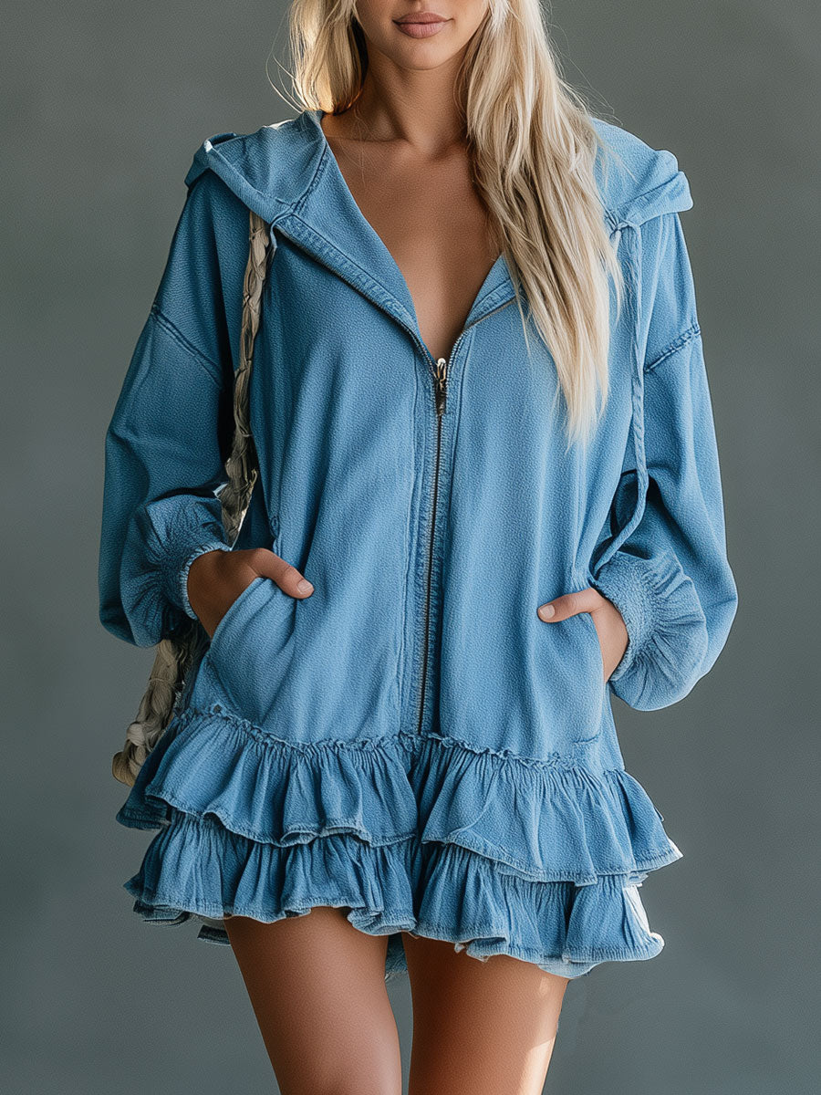 Fashionable Retro Blue Long-sleeved Hooded Zip-up Ruffled Denim Mini Dress