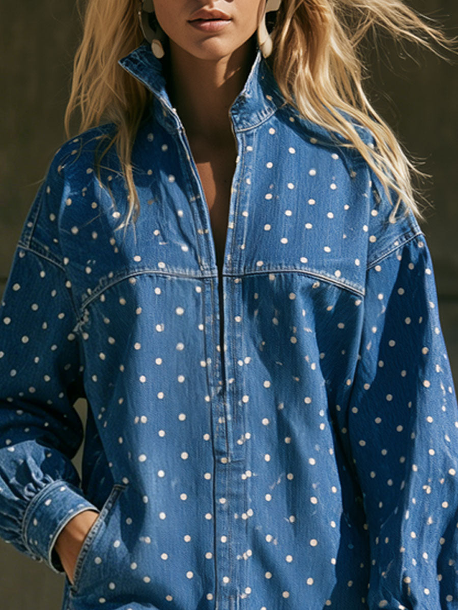 Casual Retro Polka Dot Blue Denim Frayed Long-sleeved Mini Dress