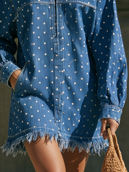 Casual Retro Polka Dot Blue Denim Frayed Long-sleeved Mini Dress