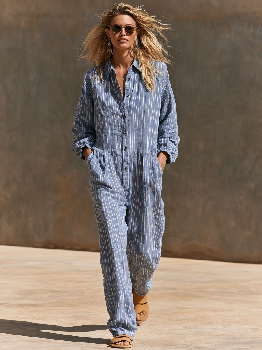 Casual Retro Striped Blue Cotton Linen Long-sleeved Jumpsuit