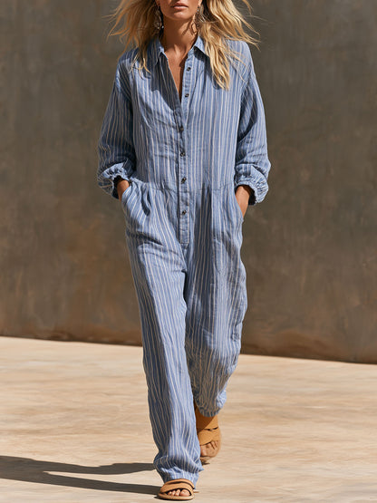 Casual Retro Striped Blue Cotton Linen Long-sleeved Jumpsuit