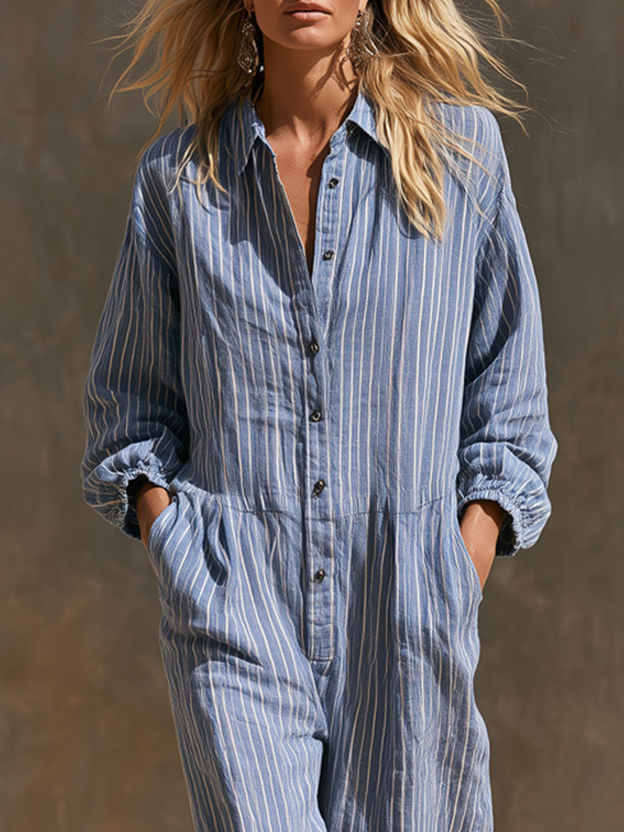 Casual Retro Striped Blue Cotton Linen Long-sleeved Jumpsuit