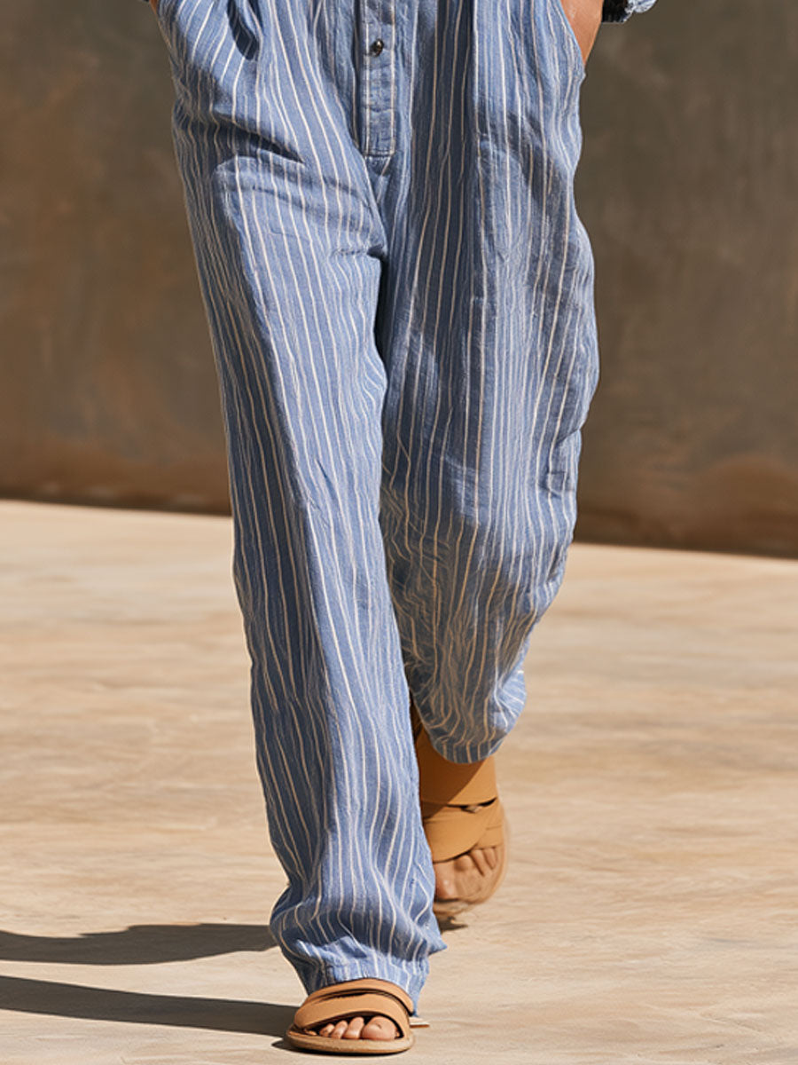 Casual Retro Striped Blue Cotton Linen Long-sleeved Jumpsuit