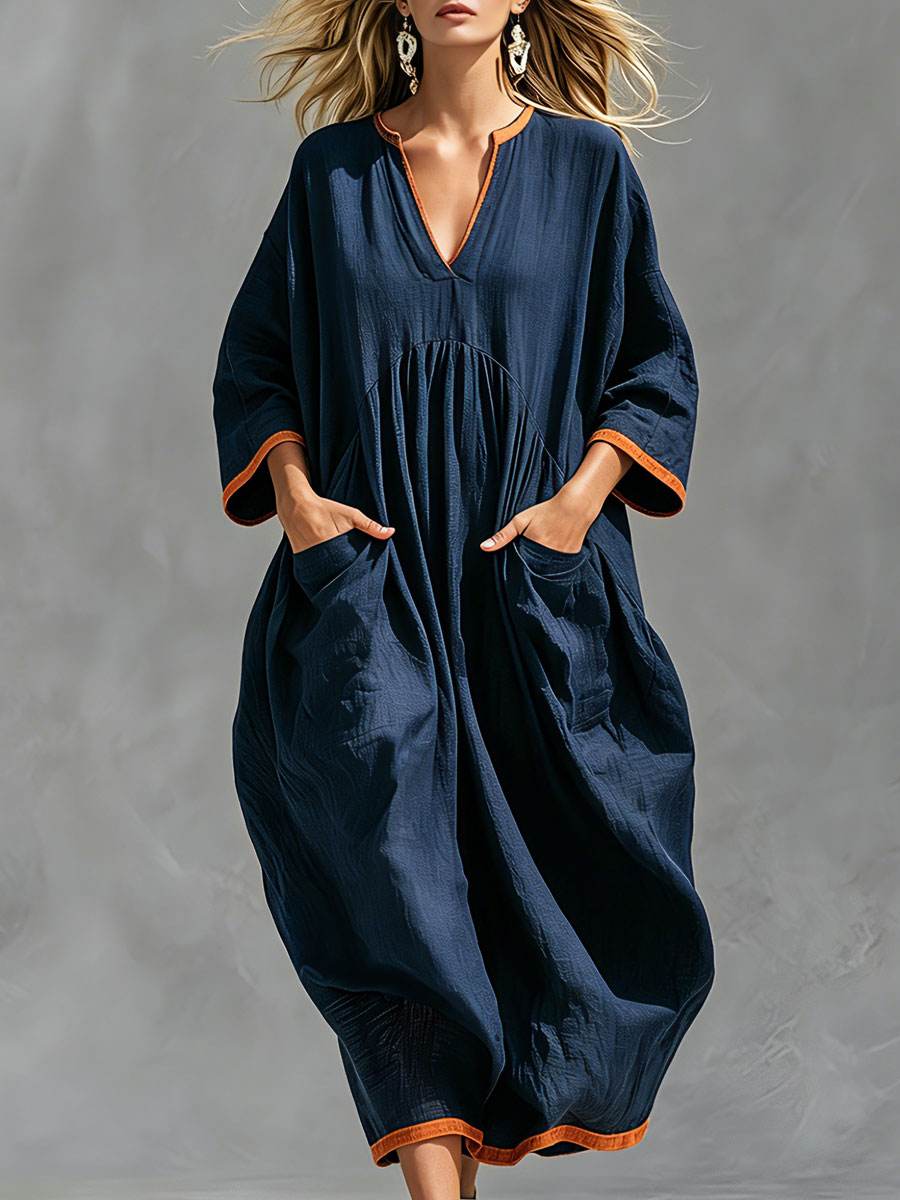 Casual Retro Color-blocked Trim Blue Long-sleeved V-neck Cotton Linen Midi Dress