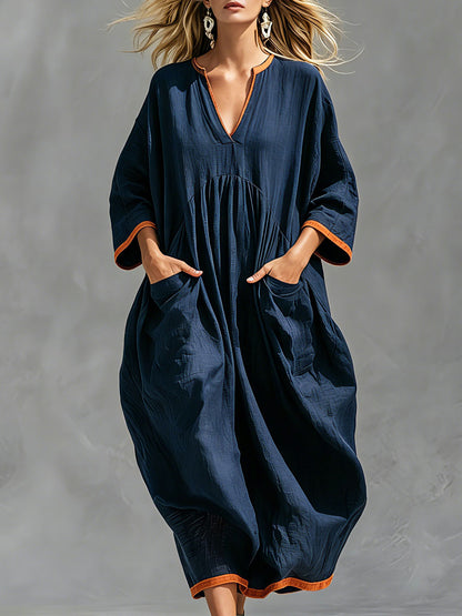 Casual Retro Color-blocked Trim Blue Long-sleeved V-neck Cotton Linen Midi Dress