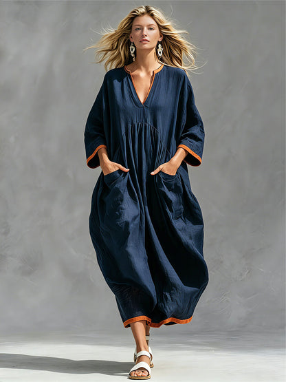 Casual Retro Color-blocked Trim Blue Long-sleeved V-neck Cotton Linen Midi Dress