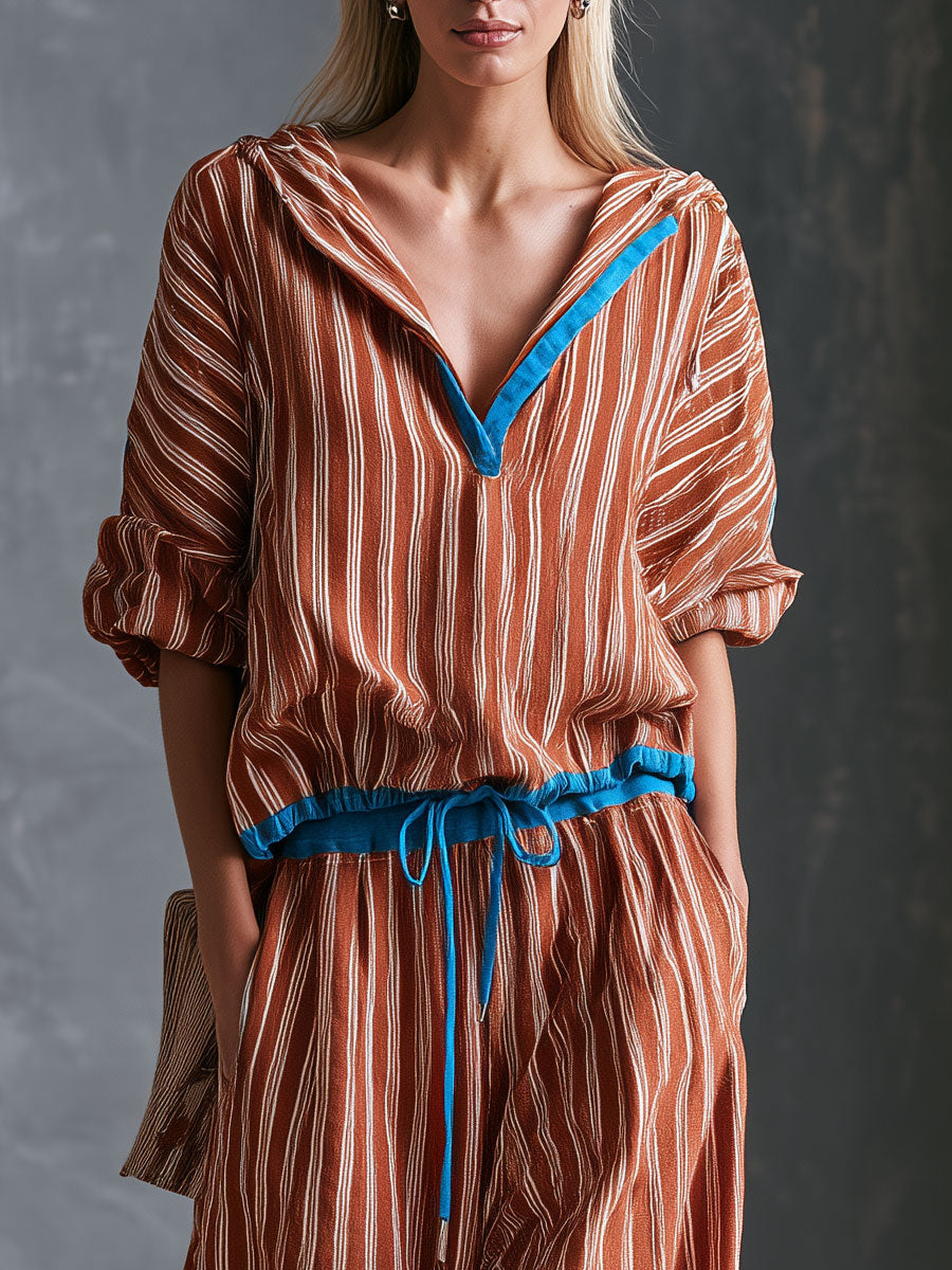 Casual Retro Color-blocked Brown-red Hooded Long-sleeved Top And Pants Set