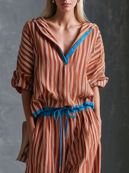 Casual Retro Color-blocked Brown-red Hooded Long-sleeved Top And Pants Set