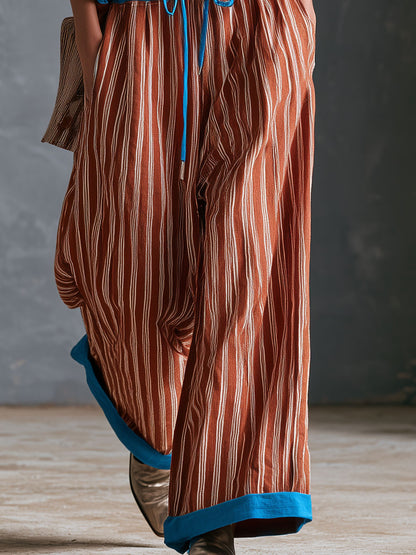 Casual Retro Color-blocked Brown-red Hooded Long-sleeved Top And Pants Set