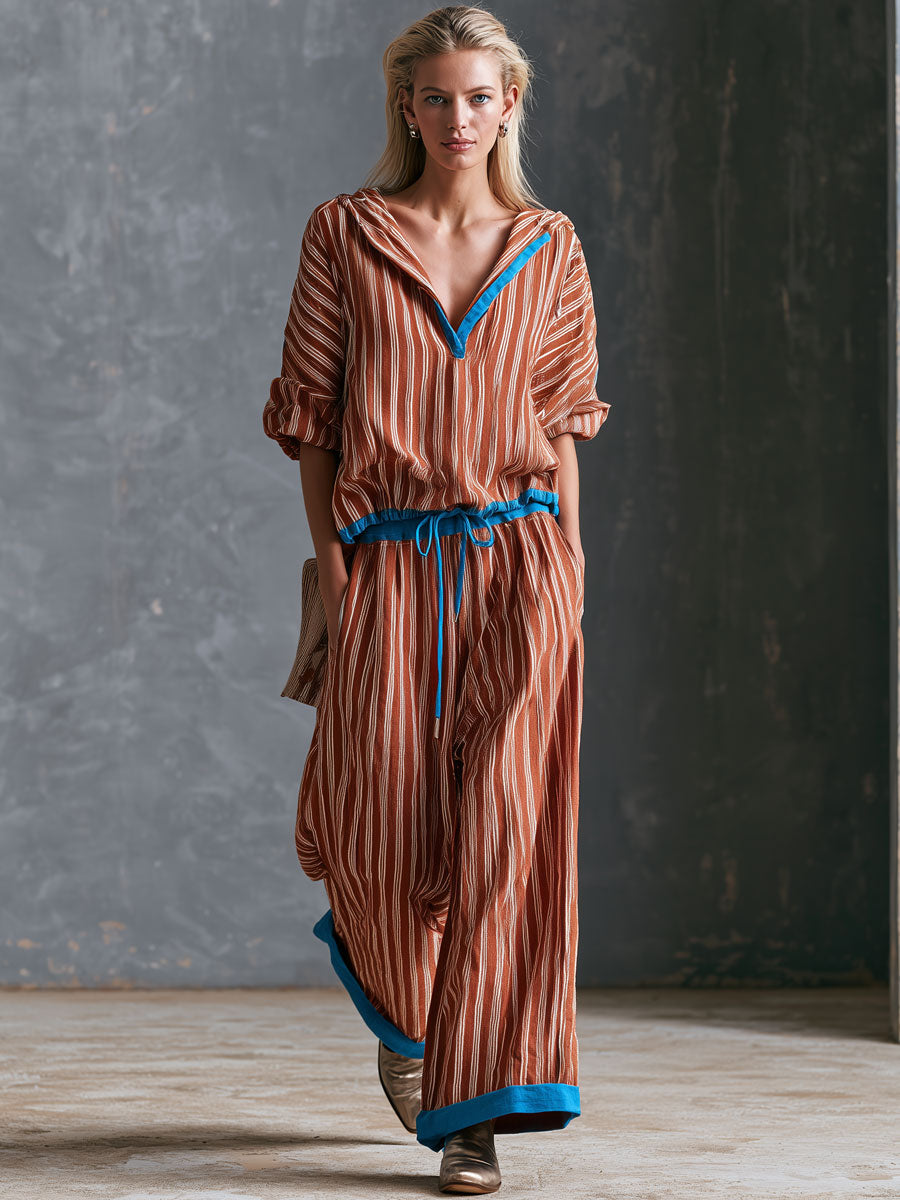 Casual Retro Color-blocked Brown-red Hooded Long-sleeved Top And Pants Set