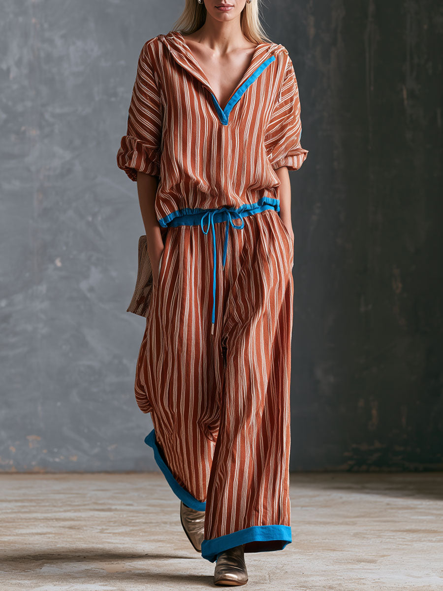 Casual Retro Color-blocked Brown-red Hooded Long-sleeved Top And Pants Set