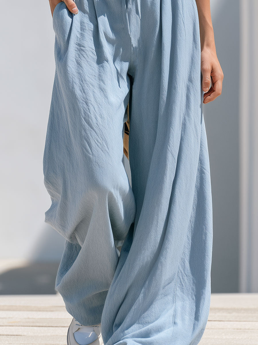 Casual Retro Striped Three-quarter Sleeve Knit Top And Blue Cotton Linen Trousers Set