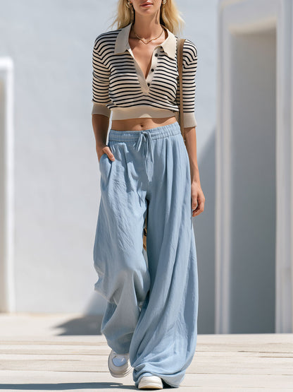 Casual Retro Striped Three-quarter Sleeve Knit Top And Blue Cotton Linen Trousers Set