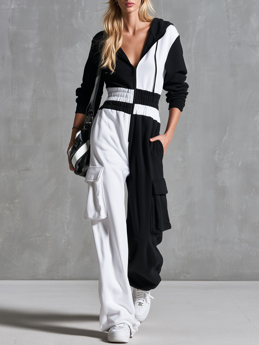 Casual Retro Black And White Color-blocked Hooded Zip-up Long-sleeved Cotton Jumpsuit