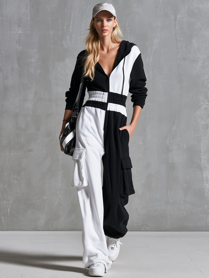 Casual Retro Black And White Color-blocked Hooded Zip-up Long-sleeved Cotton Jumpsuit