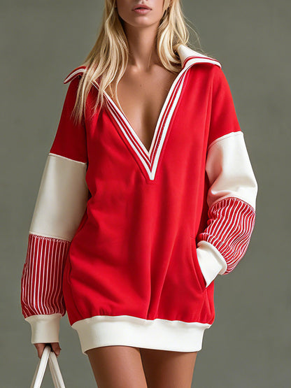 Casual Retro Red And White Color-blocked V-neck Long-sleeved Cotton Mini Dress