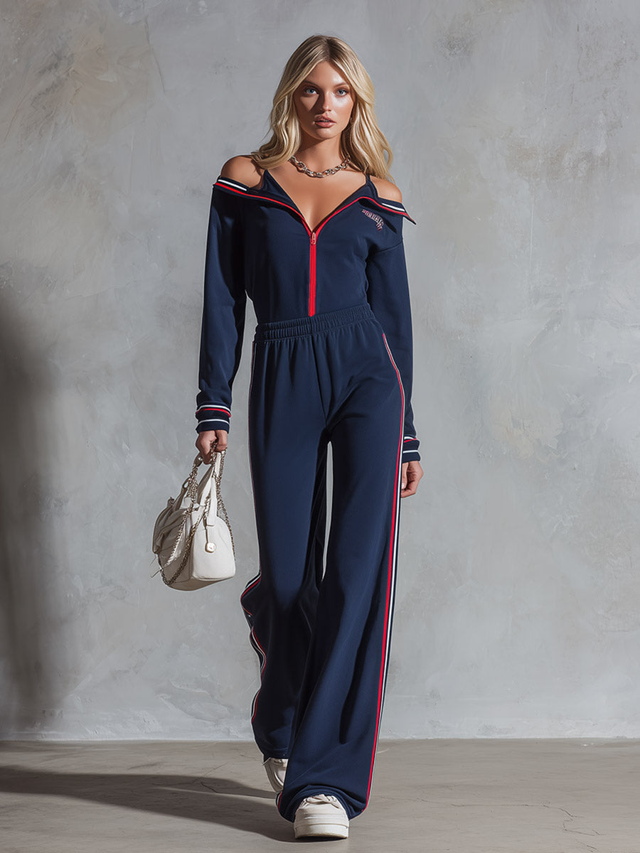 Retro Sporty Striped Trim Spaghetti Straps Navy Blue Collared Cotton Jumpsuit.