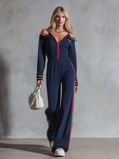 Retro Sporty Striped Trim Spaghetti Straps Navy Blue Collared Cotton Jumpsuit.