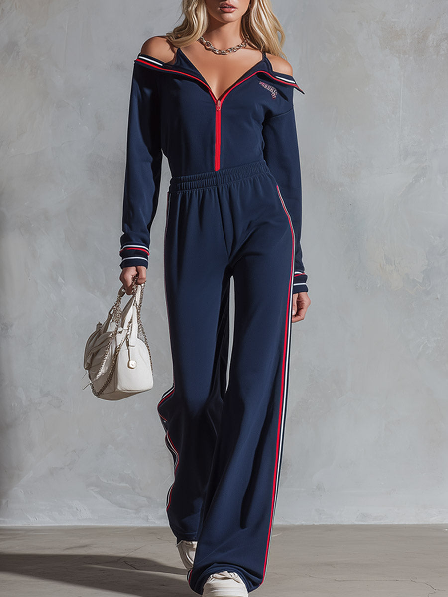 Retro Sporty Striped Trim Spaghetti Straps Navy Blue Collared Cotton Jumpsuit.