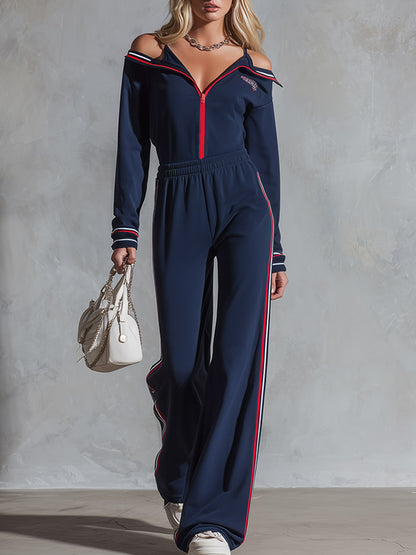 Retro Sporty Striped Trim Spaghetti Straps Navy Blue Collared Cotton Jumpsuit.