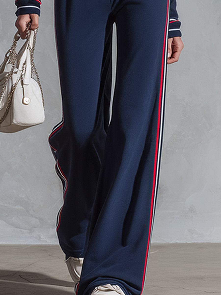Retro Sporty Striped Trim Spaghetti Straps Navy Blue Collared Cotton Jumpsuit.