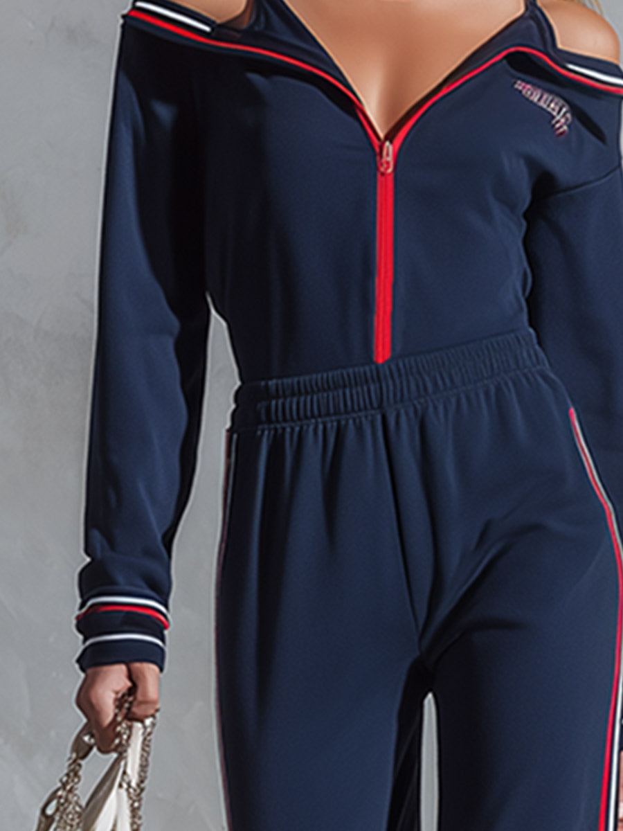 Retro Sporty Striped Trim Spaghetti Straps Navy Blue Collared Cotton Jumpsuit.