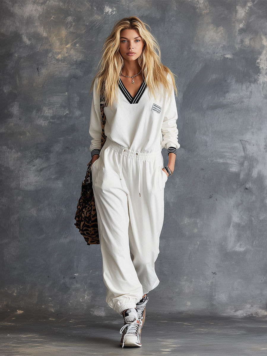 Casual Sportswear Striped Trim White V-Neck Sweatshirt And Sweatpants Set
