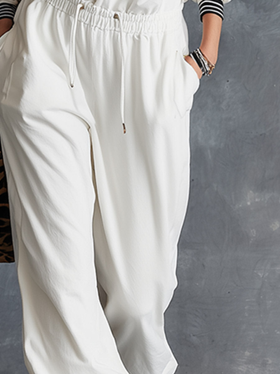 Casual Sportswear Striped Trim White V-Neck Sweatshirt And Sweatpants Set