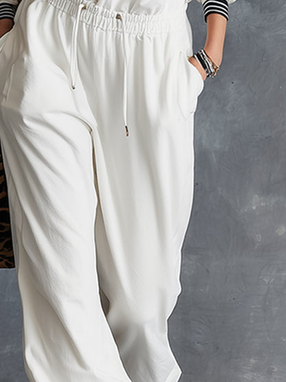 Casual Sportswear Striped Trim White V-Neck Sweatshirt And Sweatpants Set