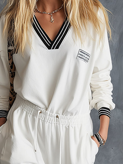 Casual Sportswear Striped Trim White V-Neck Sweatshirt And Sweatpants Set