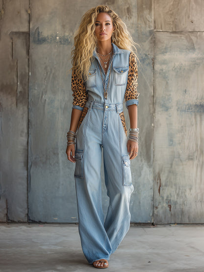 Retro-style Leopard Print Faux-suede Patchwork Blue Denim Jumpsuit