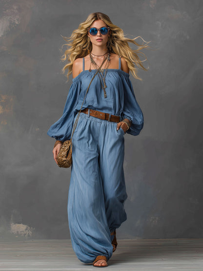 Elegant Minimalist Light Blue Tencel Denim Off-shoulder Shirt And Trousers Set
