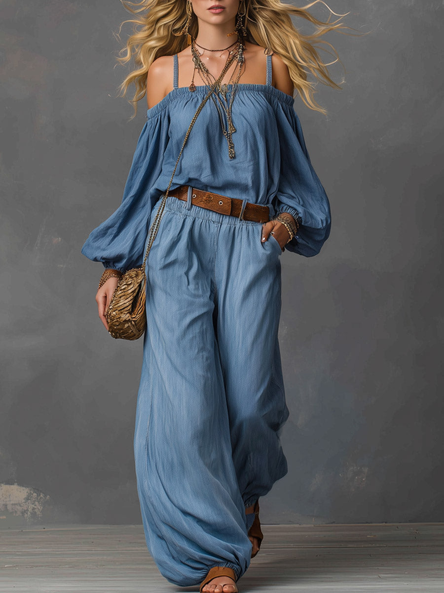 Elegant Minimalist Light Blue Tencel Denim Off-shoulder Shirt And Trousers Set