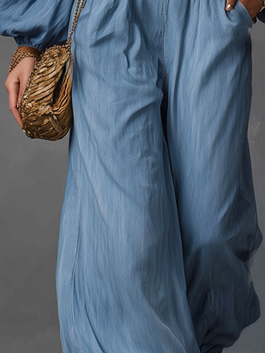 Elegant Minimalist Light Blue Tencel Denim Off-shoulder Shirt And Trousers Set