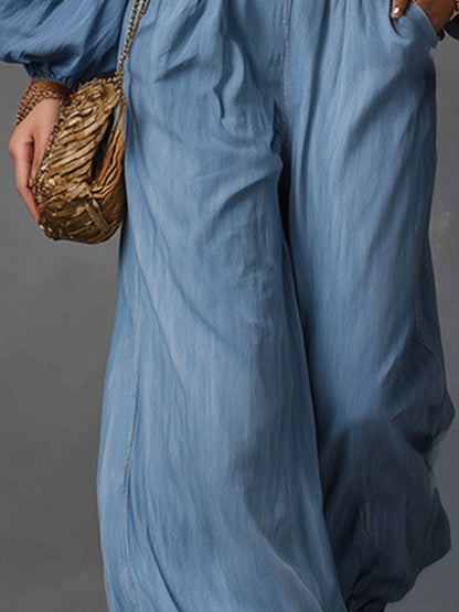 Elegant Minimalist Light Blue Tencel Denim Off-shoulder Shirt And Trousers Set