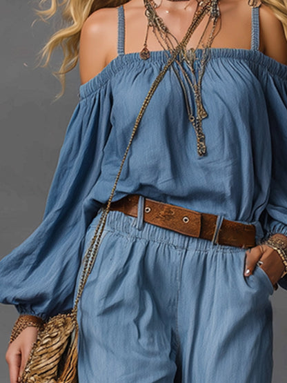 Elegant Minimalist Light Blue Tencel Denim Off-shoulder Shirt And Trousers Set