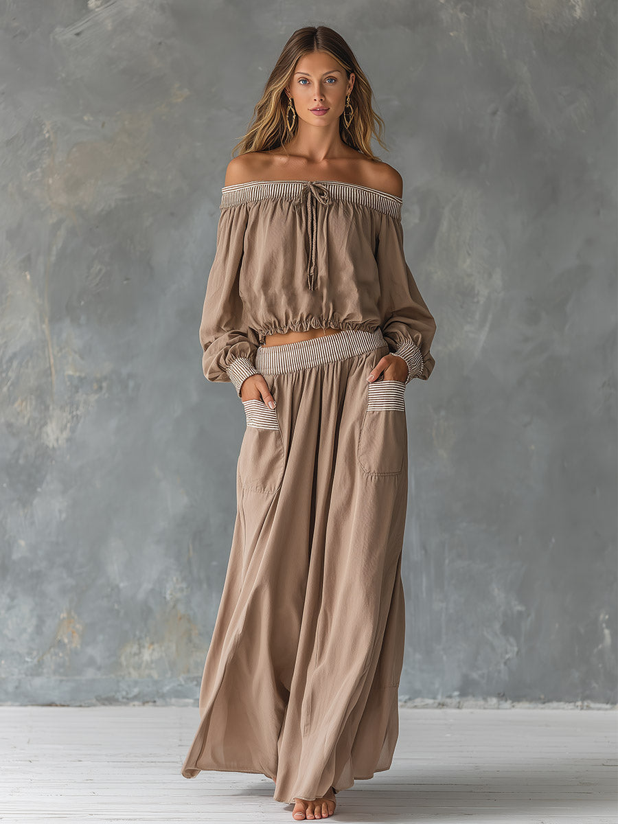 Elegant &amp; Casual Striped-Trim Khaki Off-Shoulder Shirt And Skirt Set